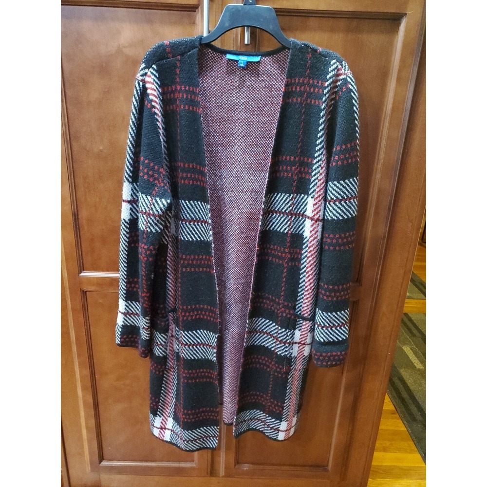 EUC APT. 9 Black White Red Plaid‎ Knee Length Pocket Sweater Cardigan